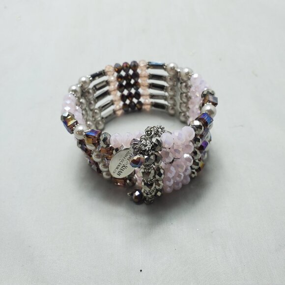 Ali Khan 5 row glass pearl Pink beaded wired wrap opened bracelet - Picture 5 of 7